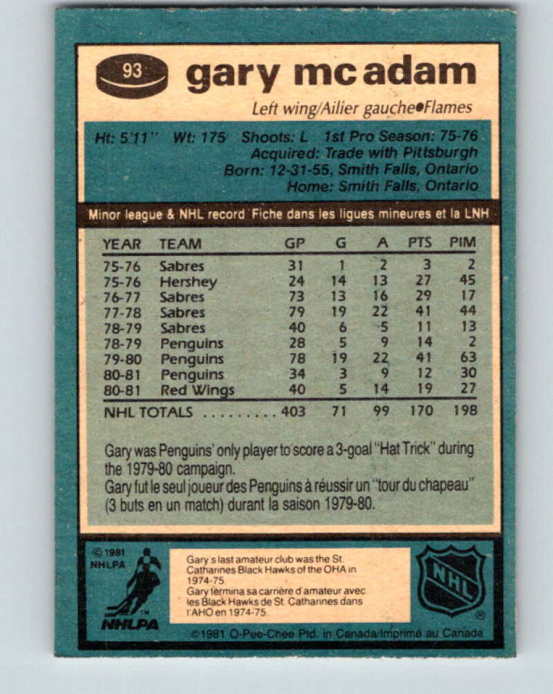 1981-82 O-Pee-Chee #93 Gary McAdam Calgary Flames V30098