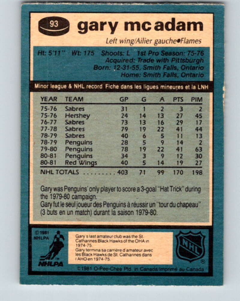 1981-82 O-Pee-Chee #93 Gary McAdam Calgary Flames V30099