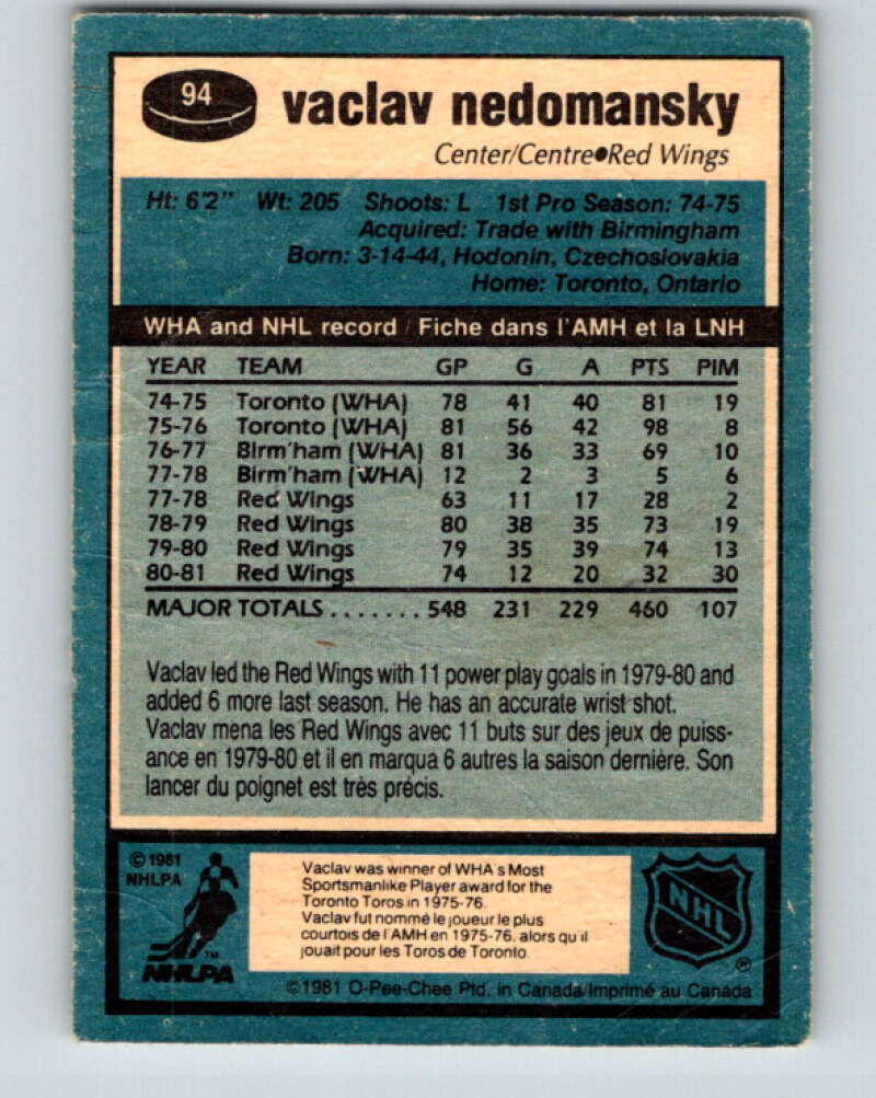 1981-82 O-Pee-Chee #94 Vaclav Nedomansky Detroit Red Wings V30103