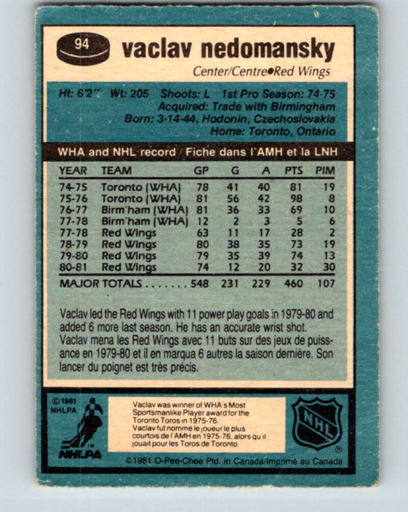 1981-82 O-Pee-Chee #94 Vaclav Nedomansky Detroit Red Wings V30104