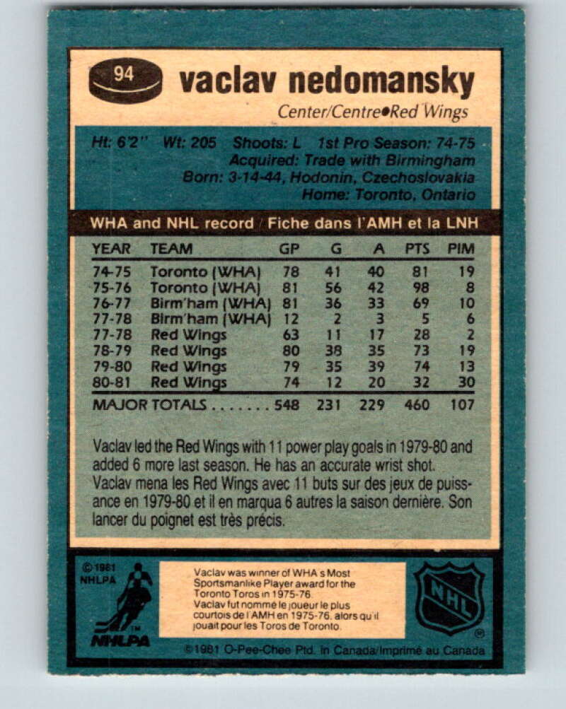 1981-82 O-Pee-Chee #94 Vaclav Nedomansky Detroit Red Wings V30106