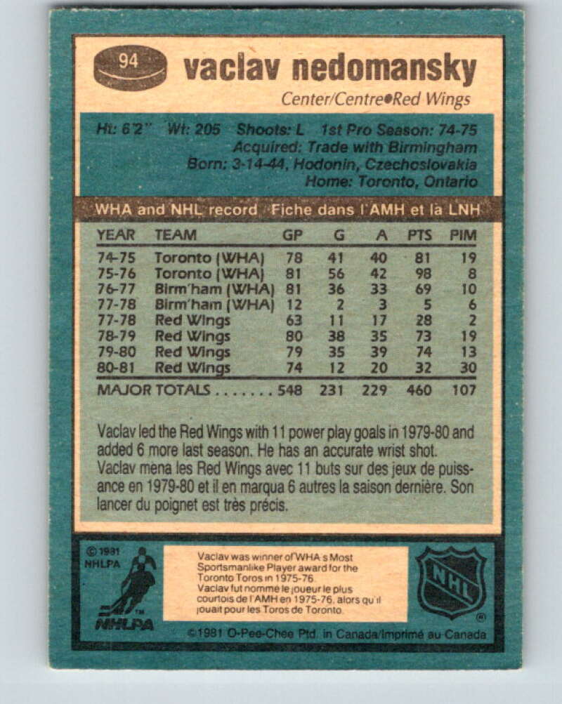 1981-82 O-Pee-Chee #94 Vaclav Nedomansky Detroit Red Wings V30107