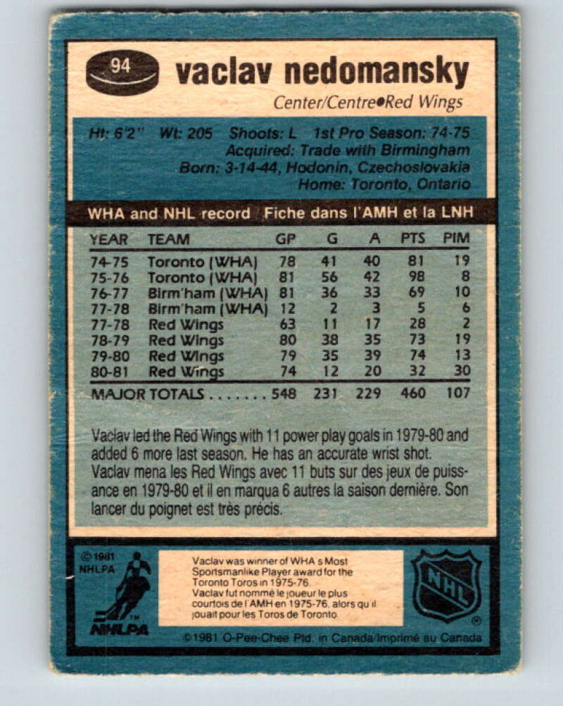 1981-82 O-Pee-Chee #94 Vaclav Nedomansky Detroit Red Wings V30109