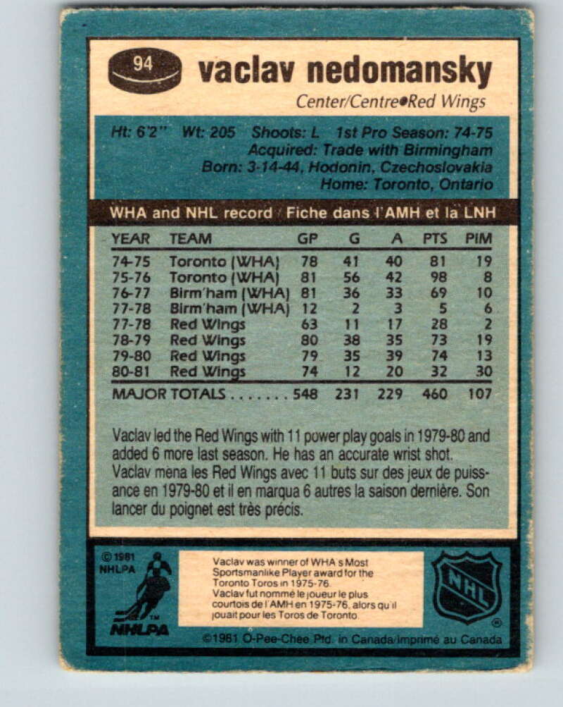1981-82 O-Pee-Chee #94 Vaclav Nedomansky Detroit Red Wings V30110