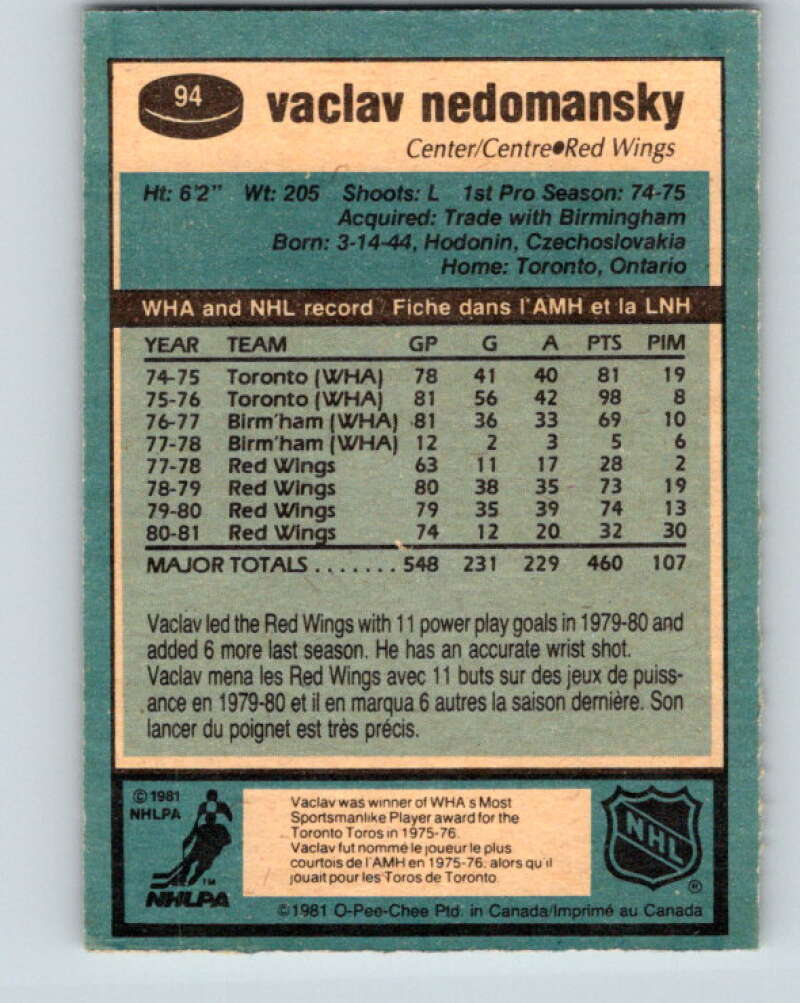 1981-82 O-Pee-Chee #94 Vaclav Nedomansky Detroit Red Wings V30111