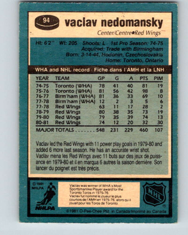 1981-82 O-Pee-Chee #94 Vaclav Nedomansky Detroit Red Wings V30115