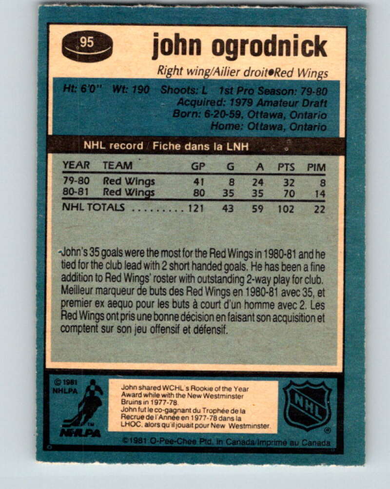1981-82 O-Pee-Chee #95 John Ogrodnick Detroit Red Wings V30119