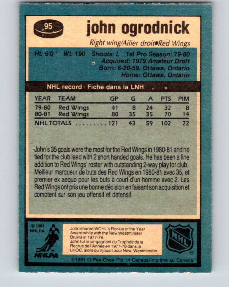 1981-82 O-Pee-Chee #95 John Ogrodnick Detroit Red Wings V30125