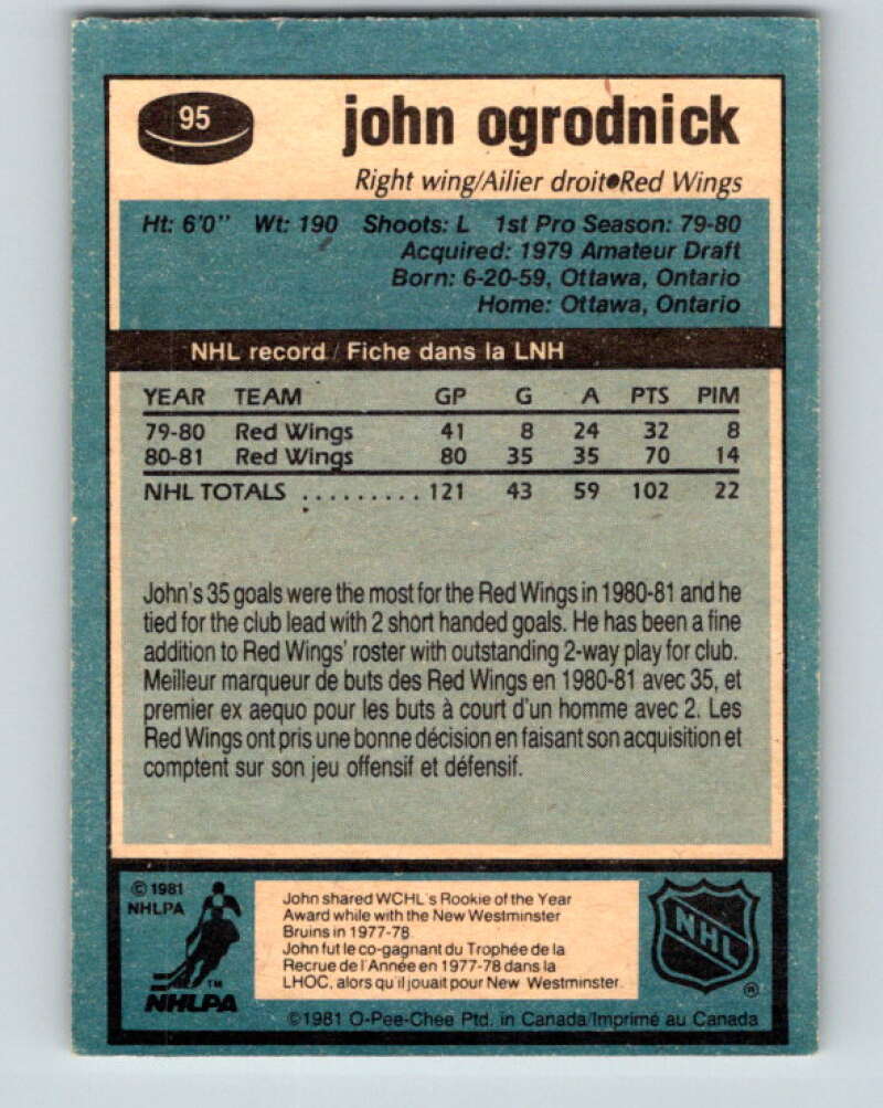 1981-82 O-Pee-Chee #95 John Ogrodnick Detroit Red Wings V30126