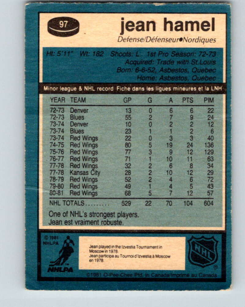 1981-82 O-Pee-Chee #97 Jean Hamel Quebec Nordiques V30139