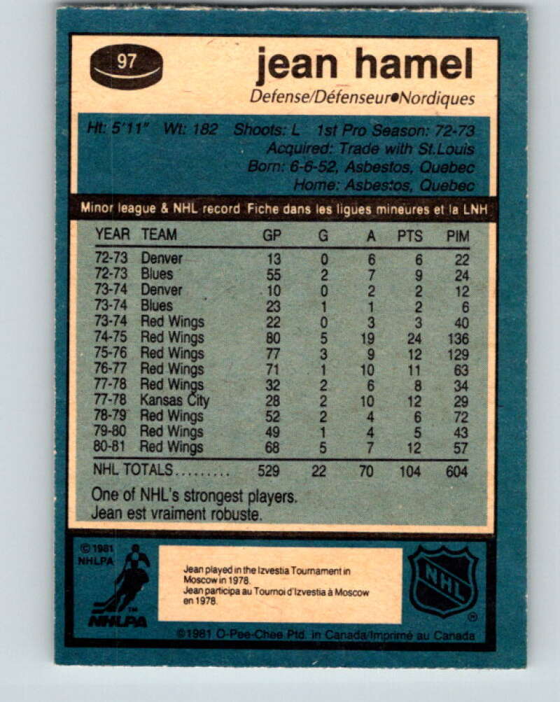 1981-82 O-Pee-Chee #97 Jean Hamel Quebec Nordiques V30140