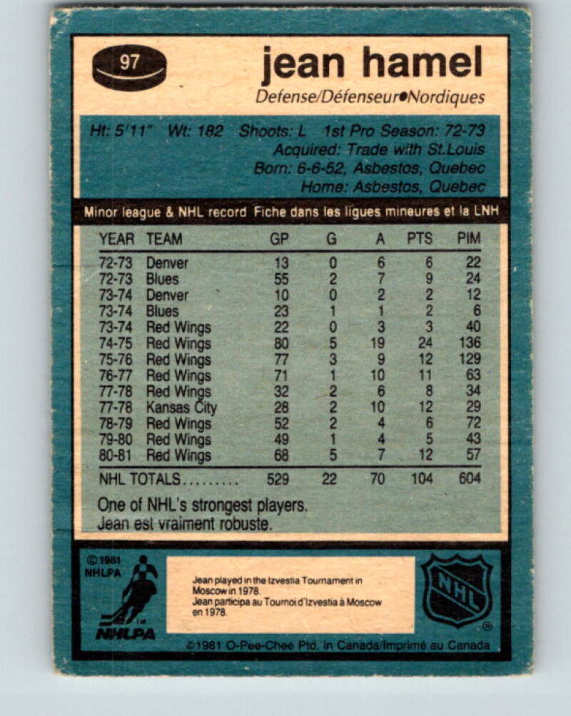 1981-82 O-Pee-Chee #97 Jean Hamel Quebec Nordiques V30141