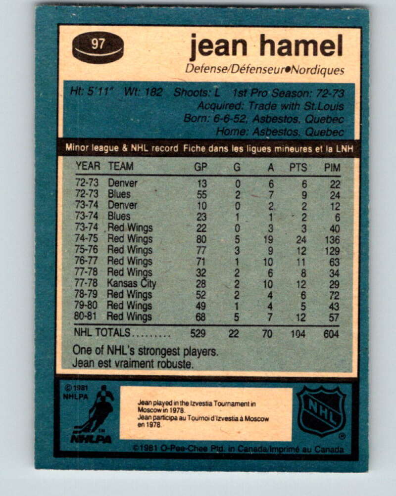 1981-82 O-Pee-Chee #97 Jean Hamel Quebec Nordiques V30142