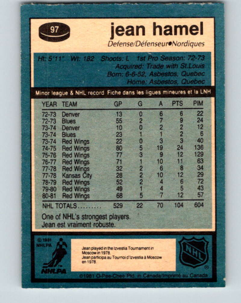 1981-82 O-Pee-Chee #97 Jean Hamel Quebec Nordiques V30143