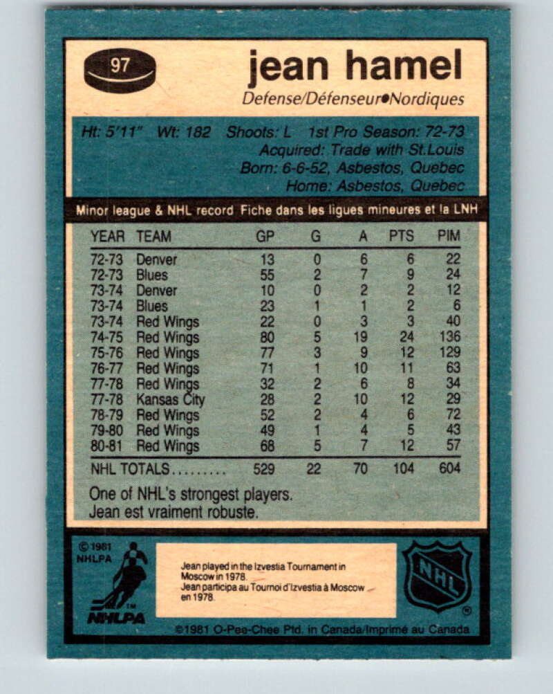1981-82 O-Pee-Chee #97 Jean Hamel Quebec Nordiques V30144