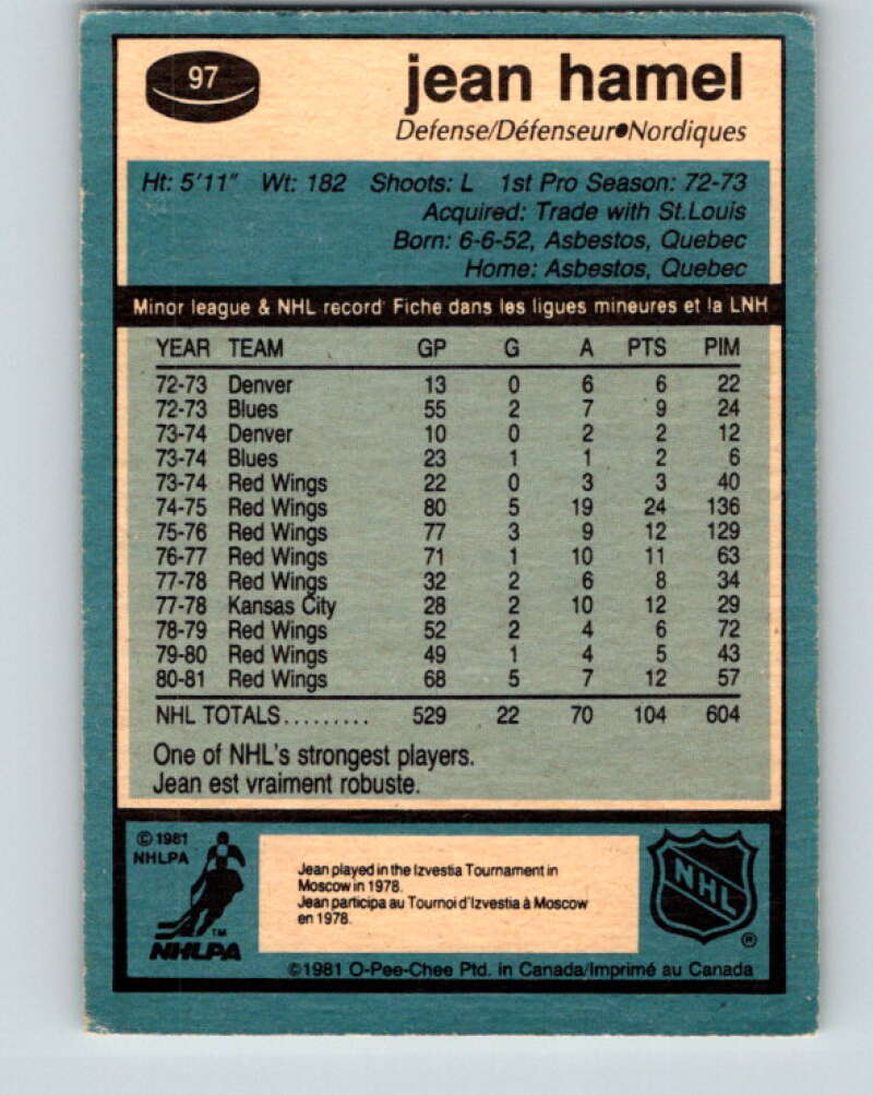 1981-82 O-Pee-Chee #97 Jean Hamel Quebec Nordiques V30145