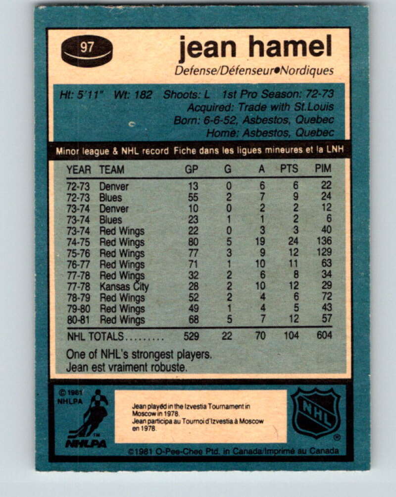 1981-82 O-Pee-Chee #97 Jean Hamel Quebec Nordiques V30146