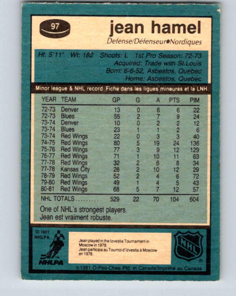1981-82 O-Pee-Chee #97 Jean Hamel Quebec Nordiques V30147