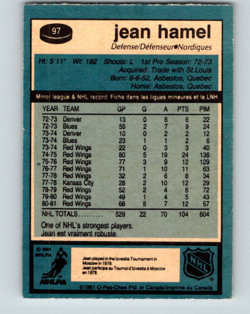 1981-82 O-Pee-Chee #97 Jean Hamel Quebec Nordiques V30148