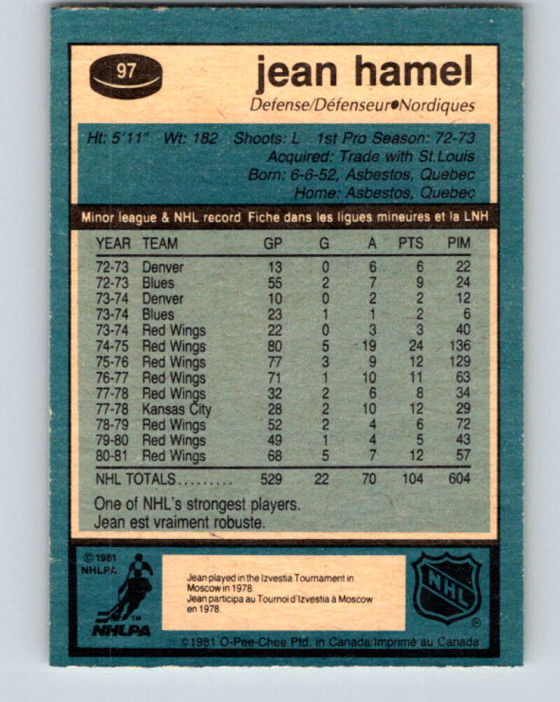 1981-82 O-Pee-Chee #97 Jean Hamel Quebec Nordiques V30149