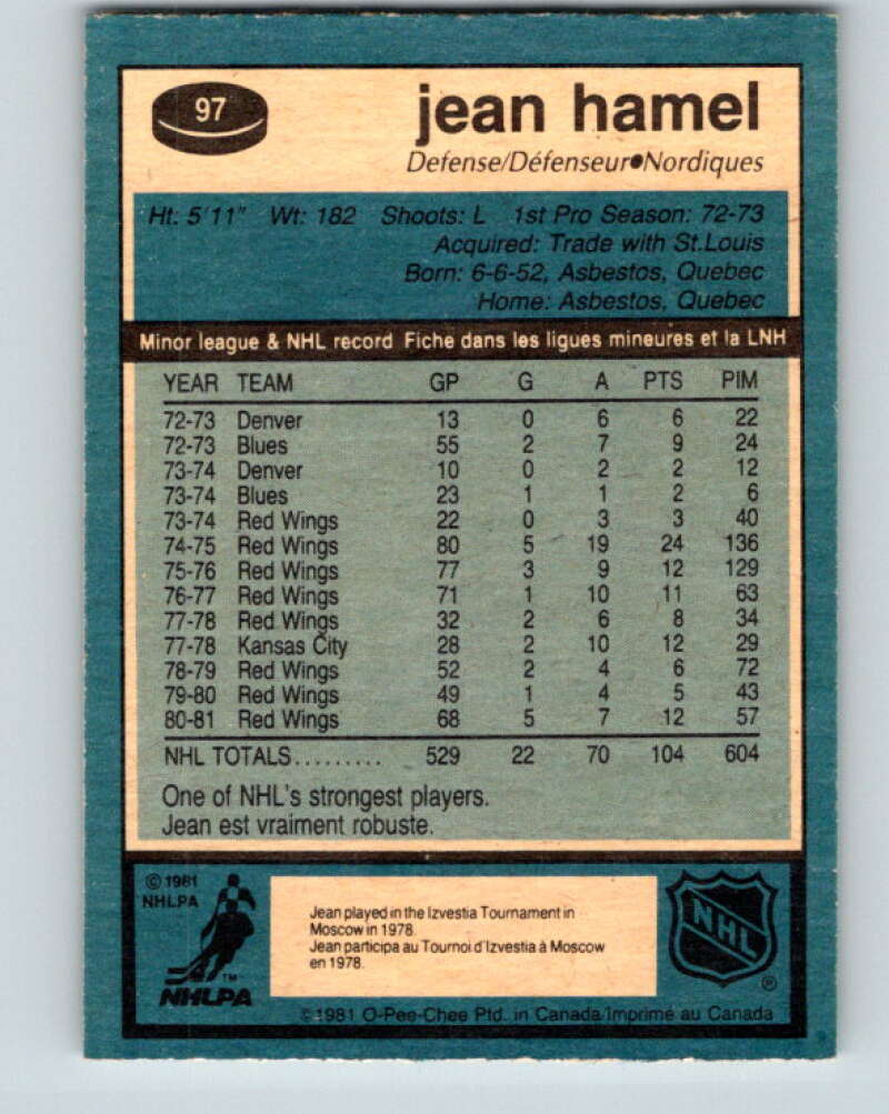 1981-82 O-Pee-Chee #97 Jean Hamel Quebec Nordiques V30150