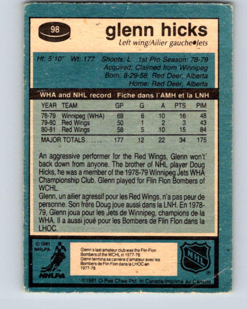 1981-82 O-Pee-Chee #98 Glenn Hicks RC Rookie Winnipeg Jets V30151