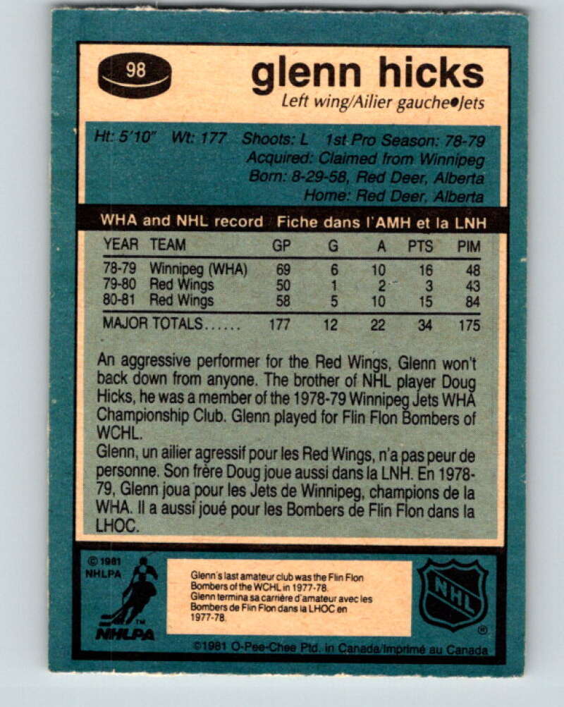 1981-82 O-Pee-Chee #98 Glenn Hicks RC Rookie Winnipeg Jets V30153