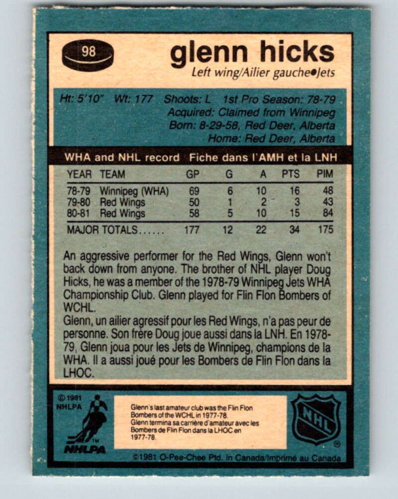 1981-82 O-Pee-Chee #98 Glenn Hicks RC Rookie Winnipeg Jets V30154