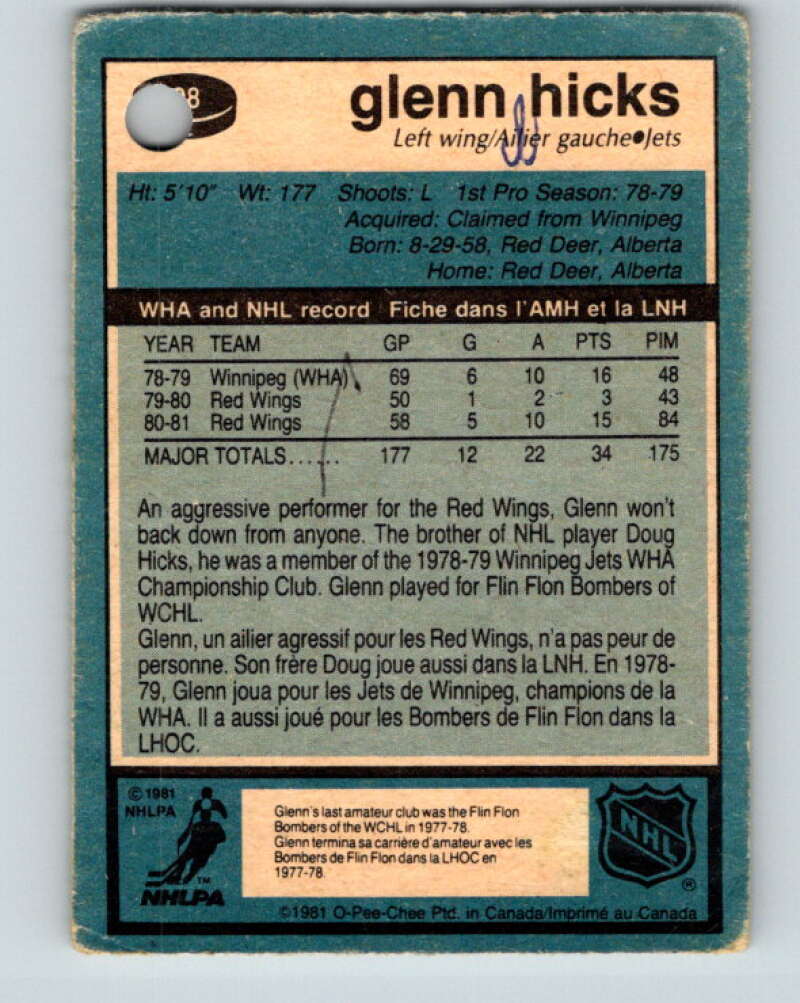 1981-82 O-Pee-Chee #98 Glenn Hicks RC Rookie Winnipeg Jets V30158
