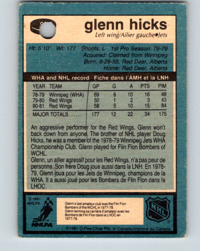 1981-82 O-Pee-Chee #98 Glenn Hicks RC Rookie Winnipeg Jets V30159