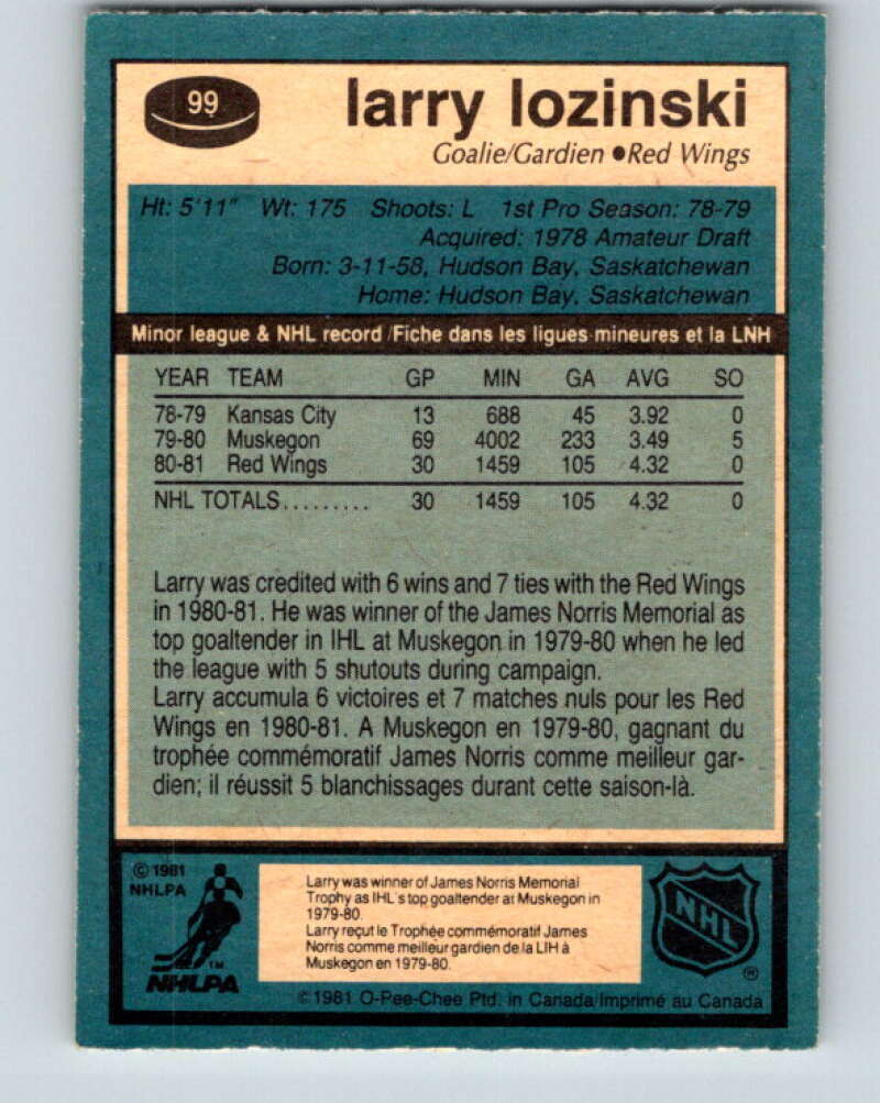 1981-82 O-Pee-Chee #99 Larry Lozinski RC Rookie Detroit Red Wings V30161