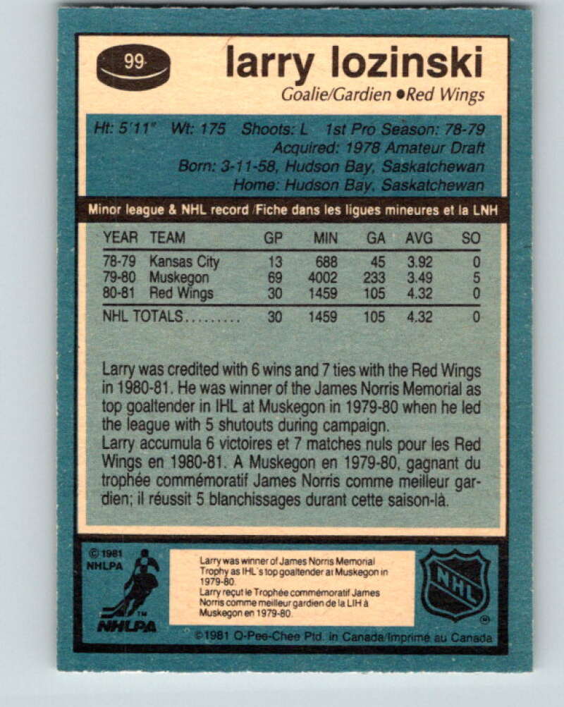 1981-82 O-Pee-Chee #99 Larry Lozinski RC Rookie Detroit Red Wings V30166
