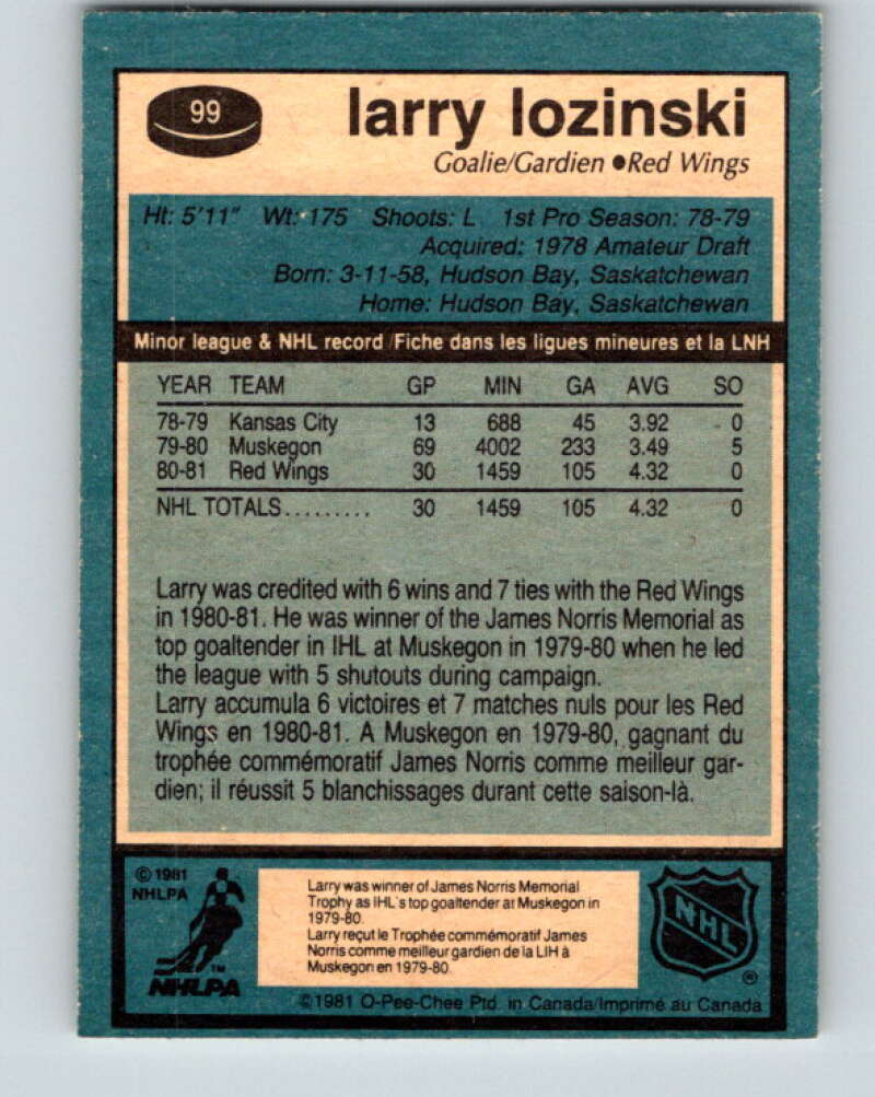 1981-82 O-Pee-Chee #99 Larry Lozinski RC Rookie Detroit Red Wings V30167