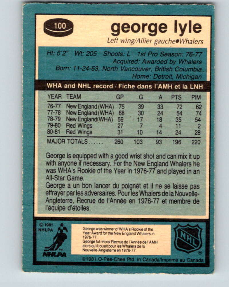 1981-82 O-Pee-Chee #100 George Lyle Hartford Whalers V30172