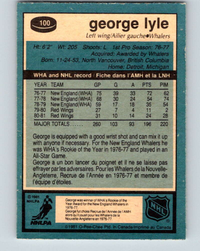 1981-82 O-Pee-Chee #100 George Lyle Hartford Whalers V30173