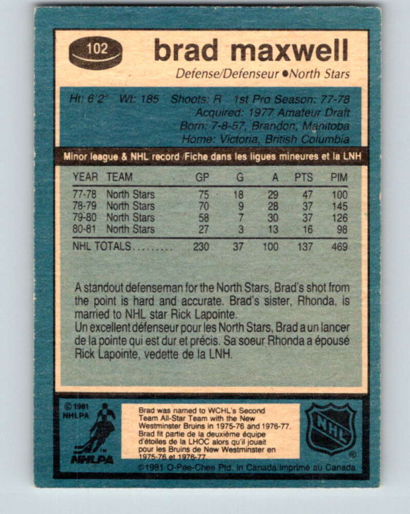 1981-82 O-Pee-Chee #102 Brad Maxwell Minnesota North Stars V30188