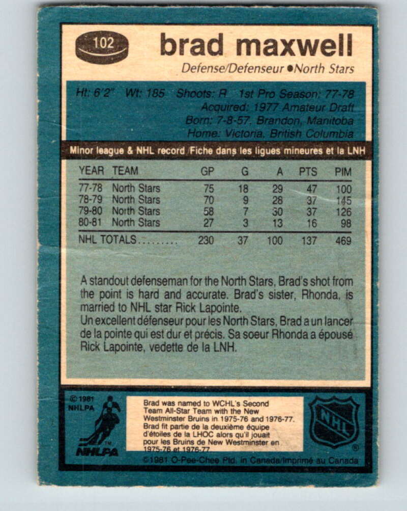 1981-82 O-Pee-Chee #102 Brad Maxwell Minnesota North Stars V30189