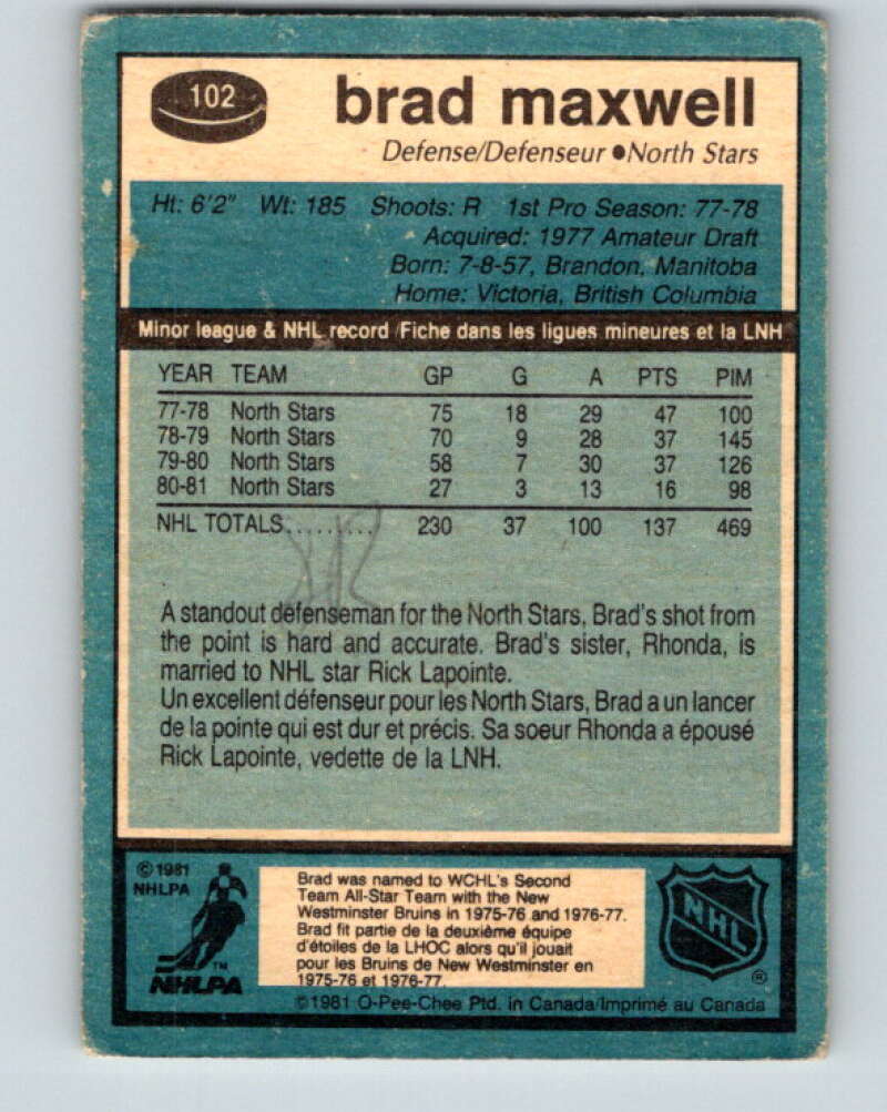 1981-82 O-Pee-Chee #102 Brad Maxwell Minnesota North Stars V30190
