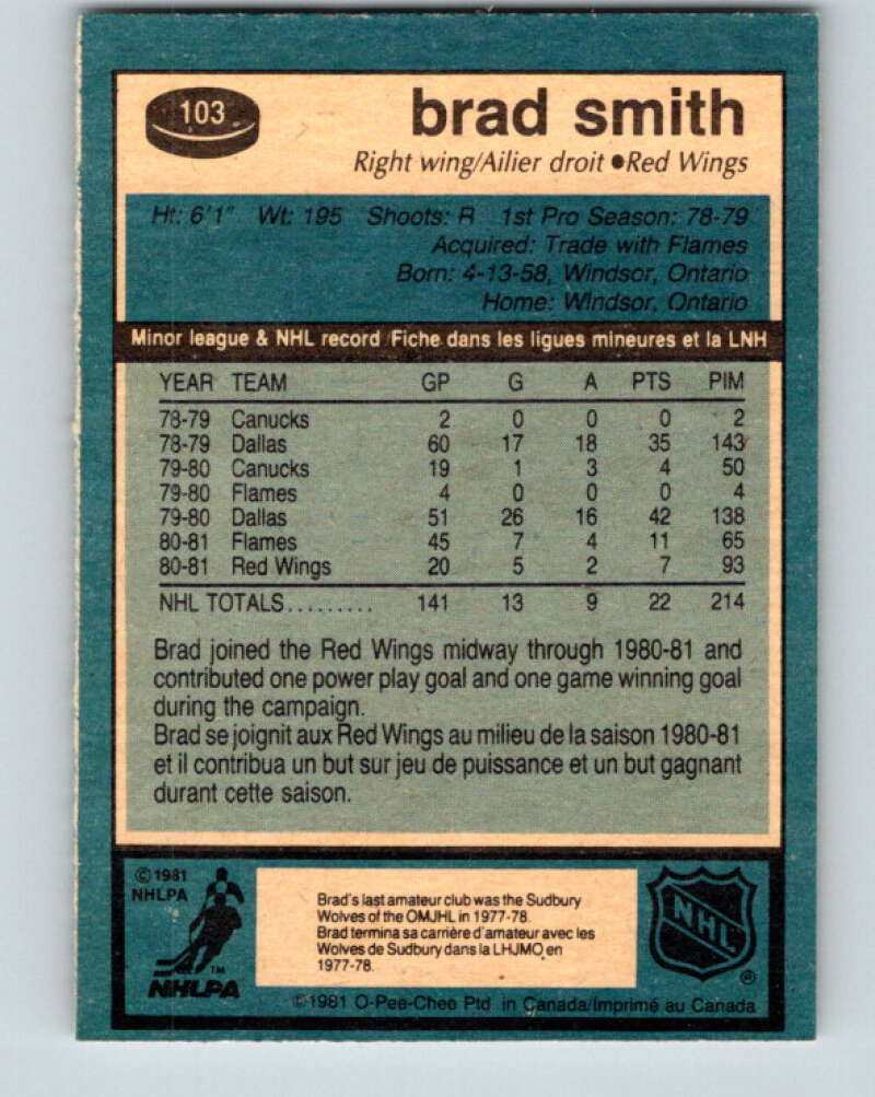 1981-82 O-Pee-Chee #103 Brad Smith RC Rookie Detroit Red Wings V30192