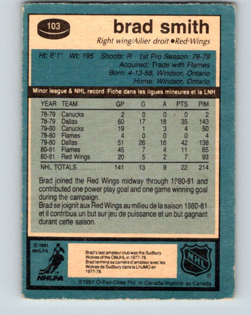 1981-82 O-Pee-Chee #103 Brad Smith RC Rookie Detroit Red Wings V30194