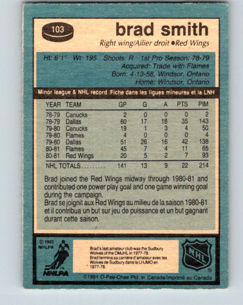 1981-82 O-Pee-Chee #103 Brad Smith RC Rookie Detroit Red Wings V30197