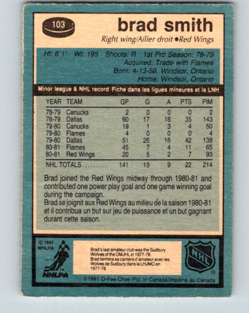 1981-82 O-Pee-Chee #103 Brad Smith RC Rookie Detroit Red Wings V30198
