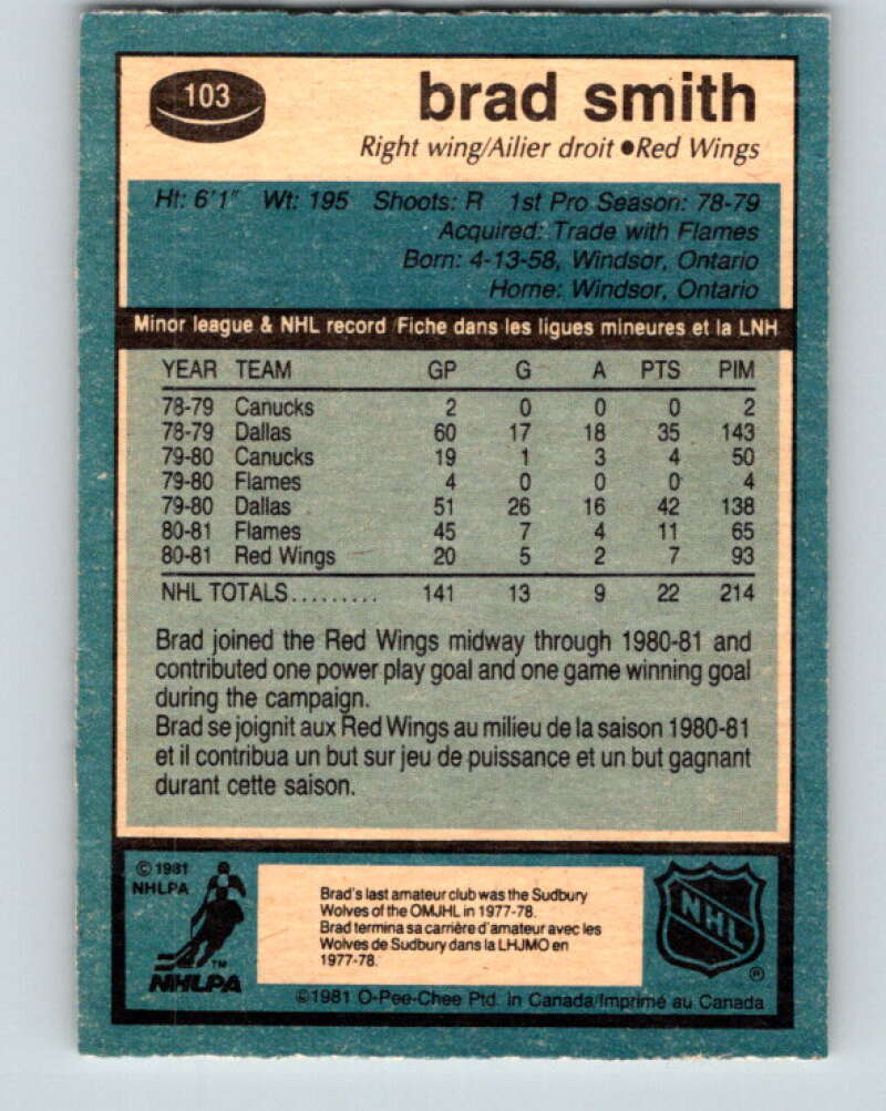 1981-82 O-Pee-Chee #103 Brad Smith RC Rookie Detroit Red Wings V30199