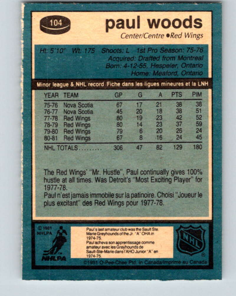 1981-82 O-Pee-Chee #104 Paul Woods Detroit Red Wings V30200