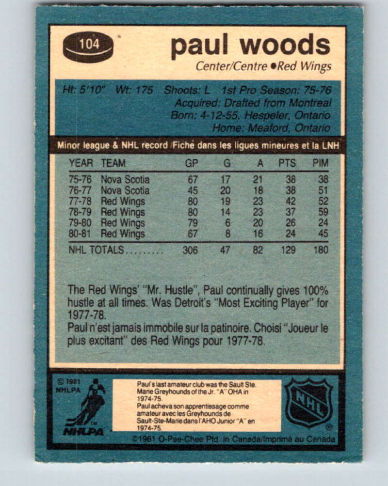1981-82 O-Pee-Chee #104 Paul Woods Detroit Red Wings V30201
