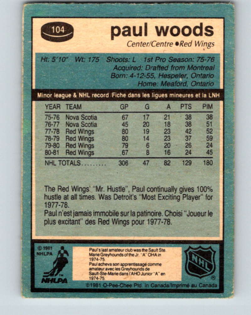 1981-82 O-Pee-Chee #104 Paul Woods Detroit Red Wings V30202