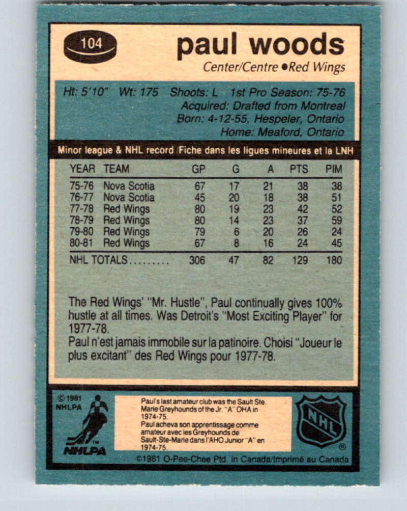 1981-82 O-Pee-Chee #104 Paul Woods Detroit Red Wings V30203