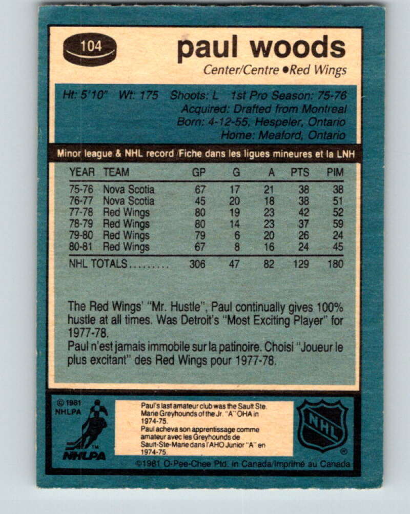 1981-82 O-Pee-Chee #104 Paul Woods Detroit Red Wings V30204