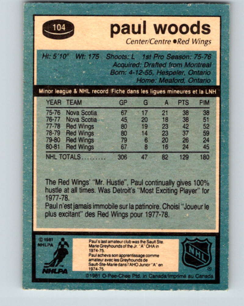 1981-82 O-Pee-Chee #104 Paul Woods Detroit Red Wings V30205