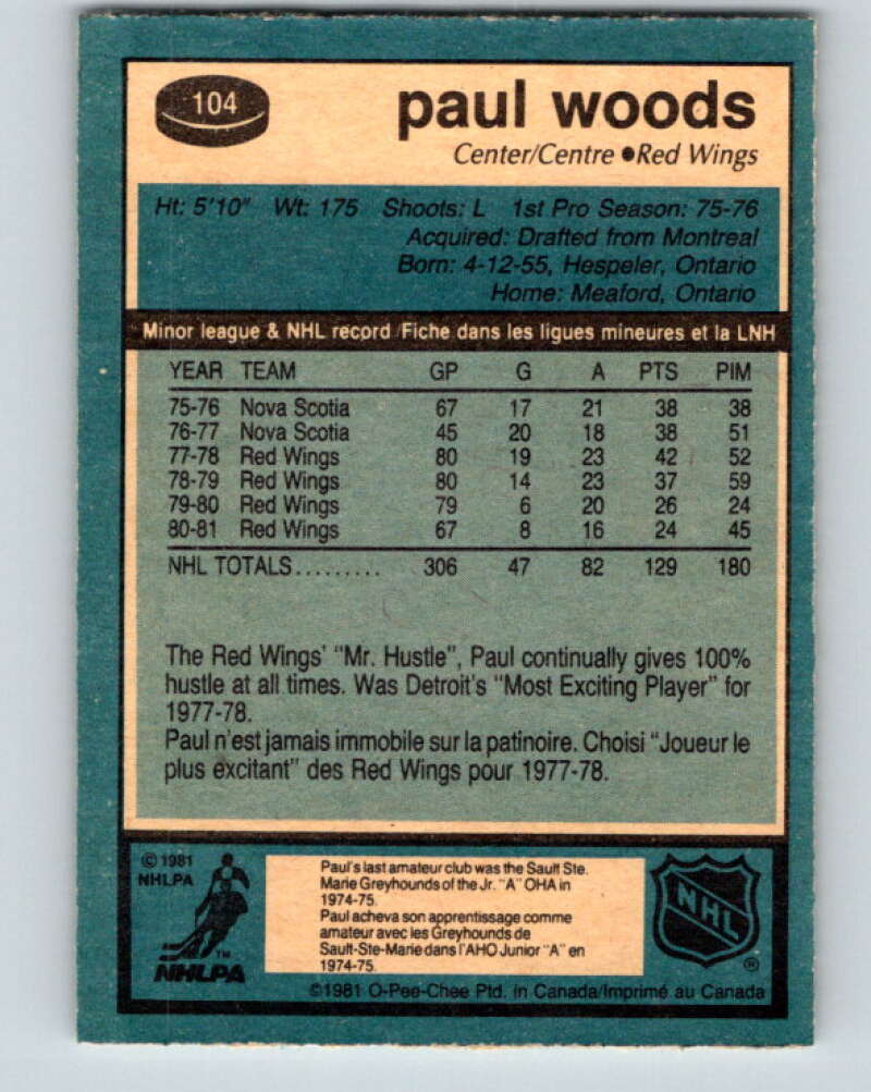 1981-82 O-Pee-Chee #104 Paul Woods Detroit Red Wings V30206